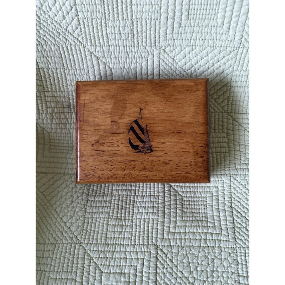 NAUTICA Wood Sailboat Etched Hinged Box Navy Liner Jewelry Trinkets Keys Beach